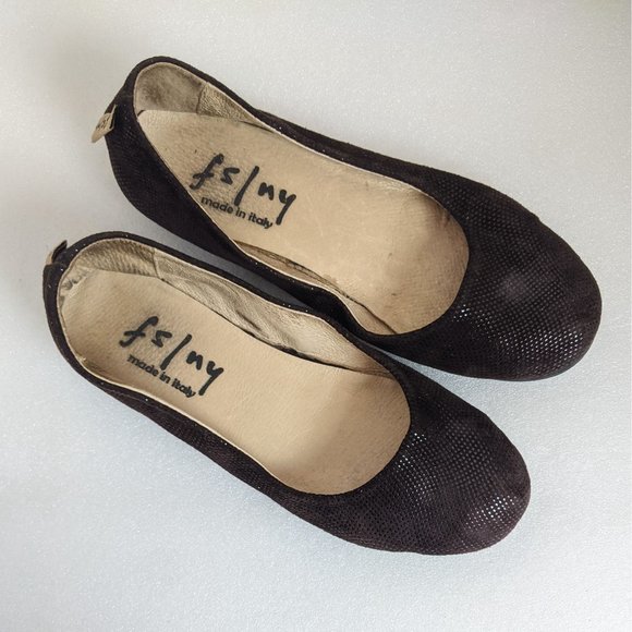 FS/NY French Sole Zeppa Wave Brown Sparkle Suede Low Wedge Flats 9 - Picture 3 of 10